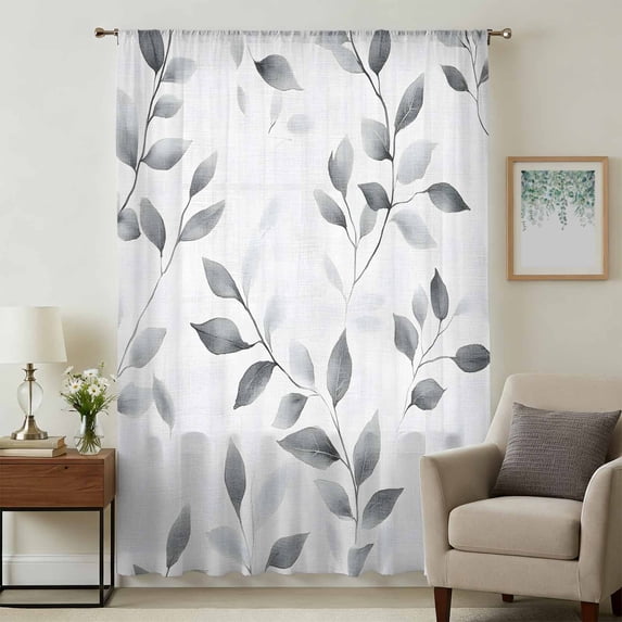 Gray Leaves Sheer Curtains 63 Inches Long, Spring Rustic Branches Botanical Light Filering Curtains, Breathable Simi Curtain Privacy Drapes for Living Room Bedroom Lightweight Window Treatment