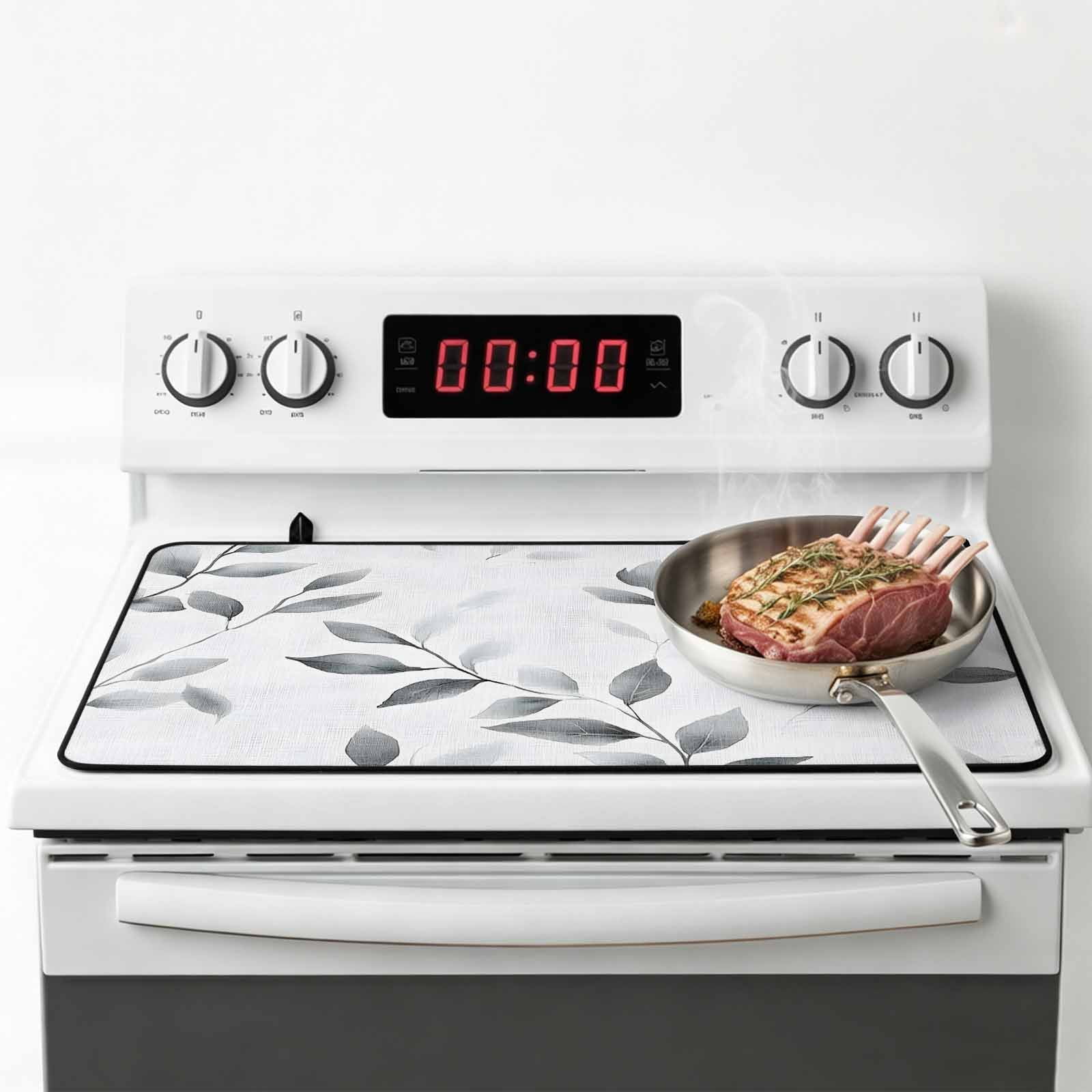 Gray Leaves Stove Top Cover for Electric Stove, Heat-proof & Non Slip Glass Top Stove Cover Protector, Spring Rustic Branches Botanical Kitchen Flat Cooktop Rubber Mat 24x21 Inches