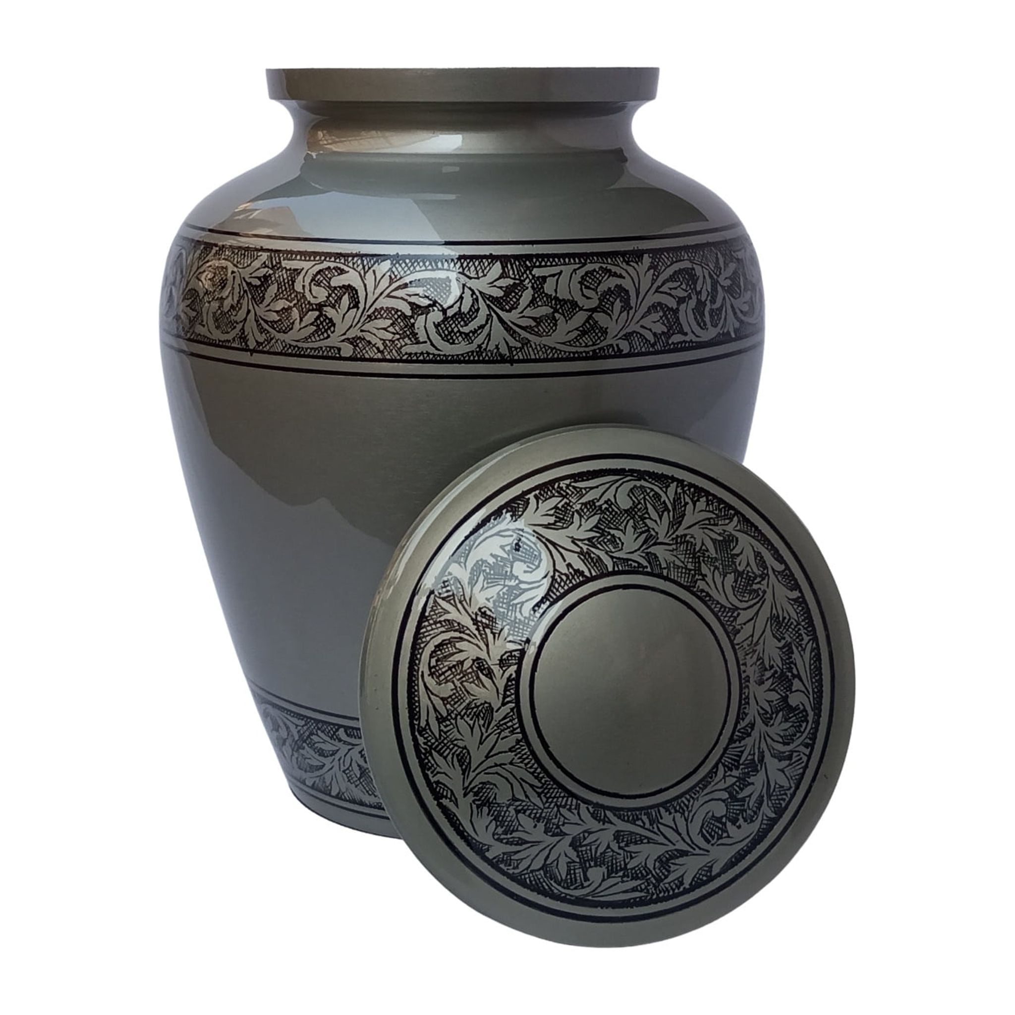Gray Leaves Vines Large Adult Cremation Urn for Human Ashes — With Velvet Bag