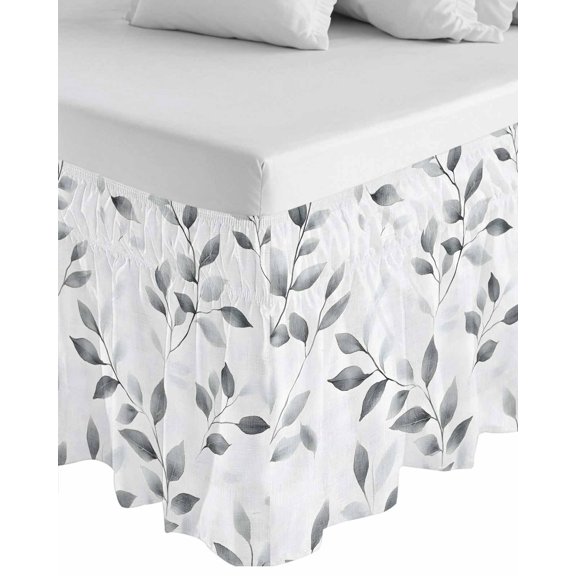 Gray Leaves Wrap Around Bed Skirts for California King Bed 18" Drop,Bed Skirt with Adjustable Elastic Belt Dust Ruffle Bed Valance for Bedroom Hotel Spring Rustic Branches Botanical Bed Frame Cover
