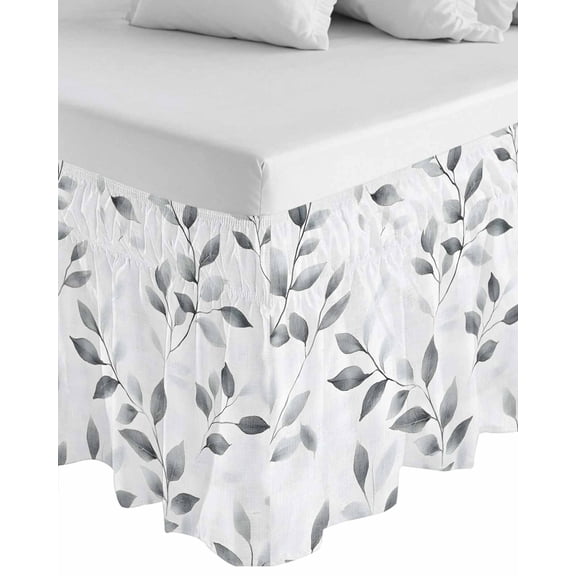 Gray Leaves Wrap Around Bed Skirts for Queen Bed 16" Drop, Bed Skirt with Adjustable Elastic Belt Dust Ruffle Bed Valance for Bedroom Hotel Luxury Spring Rustic Branches Botanical Bed Frame Cover