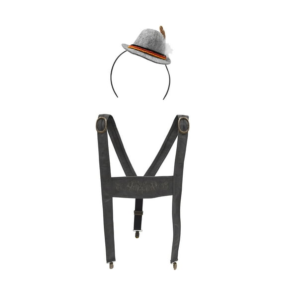 Gray Lederhosen Suspenders Mini Alpine Hat Headband German Oktoberfest Costume Set