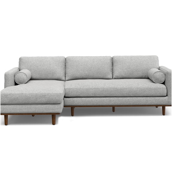 Gray Left Sectional Sofa with Feather Cushions and Wood Legs, Mid-Century Modern Design