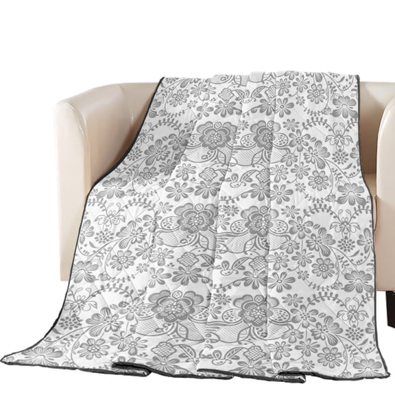 Gray Line Flowers Quilted Comforters Cooling Blanket Queen Size, French Vintage Symmetrical Vine Floral Cold Comfort for Hot Sleepers Lightweight Air Conditioning Quilt Blanket for Bed