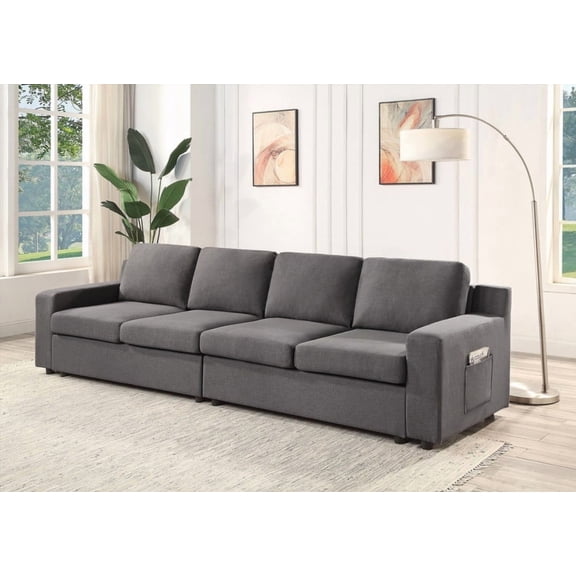 Gray Linen 4-Seater Waylon Sofa - Features Mag. Pockets & Reversible Cushions