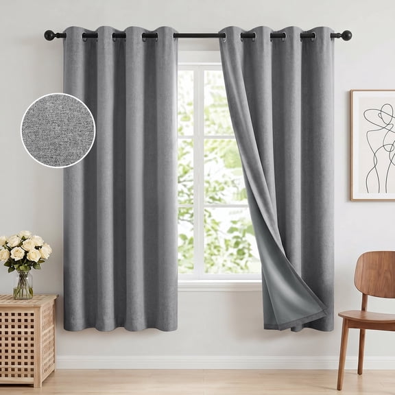 100% Blackout Curtains 52x72 in Set of 2, Faux Linen Textured Curtains for Bedroom Living Room, Thermal Insulated Window Drapes with Grommet, Room Darkening & Privacy Protection,Grey