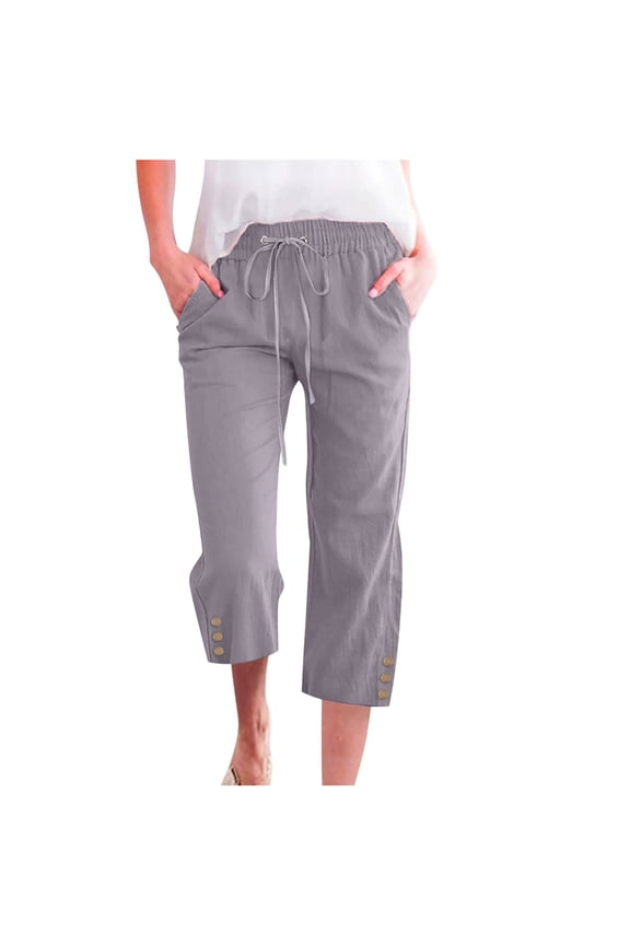 Gray Linen Pants Women's Solid Color Strap Button Summer Candy Casual Capris Trousers Leggings