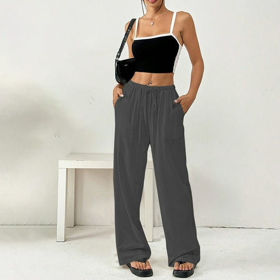 Gray Linen Pants Women's Spring and Summer Thin Solid Color Cotton and Linen Pocket Pants Casual Pants