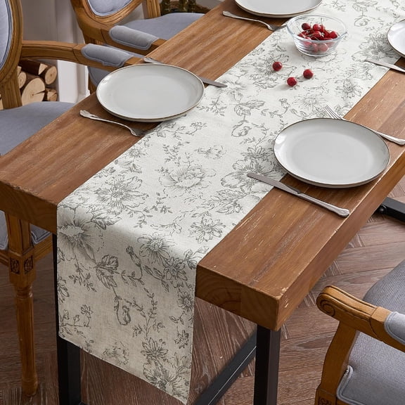 Gray Linen Table Runner Floral Print for Kitchen Farmhouse Table Cloth with Flower 72 Inch Grey on Beige Peonies Botanical Decorative Linen Blend Cloth for Dining Table Indoor Decor 1 Panel