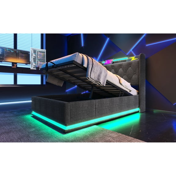 Gray Linen Twin Bed | 360 LED Lighting, Button/Remote Control, Storage Space, Quick Setup