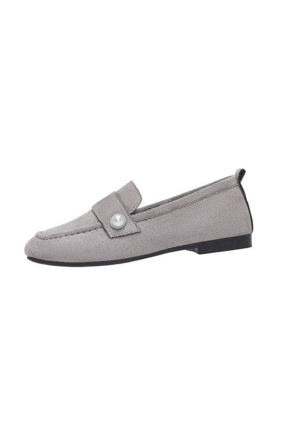 Gray Loafers For Ladies Solid Color Round Toe Low Cut Flats Beaded-Embellished Soft Sole Walking Shoes Comfortable Everyday Style Size 37