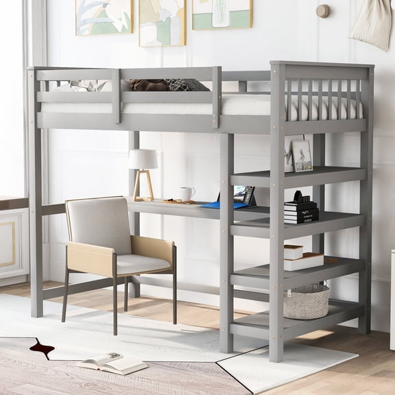 Gray Loft Bed - Comfortable Sleeping - College Dorm - Workspace Below Bed