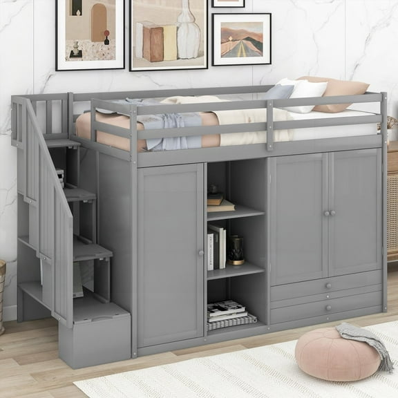 Gray Loft Bed Having 3 Shelves, 2 Wardrobes, 2 Drawers & Ladder for Enhanced Storage!