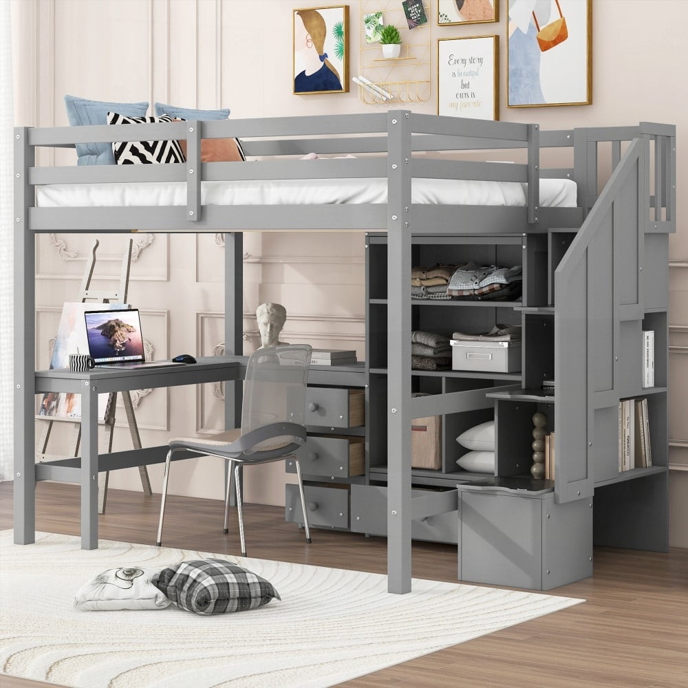 Full Size Pine Wood High-Rise Bed with L-Shaped Desk, Drawers and ...