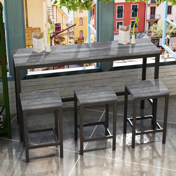 Gray Long Dining Table with 3 Stools / Compact Footprint for Small Kitchens