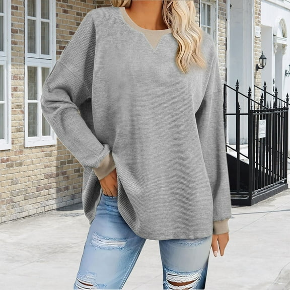 Gray Long Sleeve Shirts for Women, Polyester Womens Fall Fashion 2024, Womens Oversized Sweatshirts 2024 Casual Crewneck Long Sleeve Knit Tops Pullover Jumper Outfits 3XL