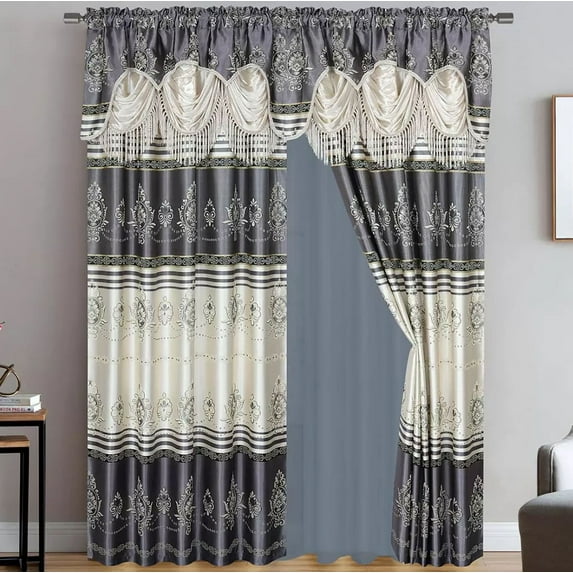 Gray Luxury Jacquard Farmhouse Rod Pocket Window Panel Attached Valance 2 Tie Backs Curtain Set (2 Panels)