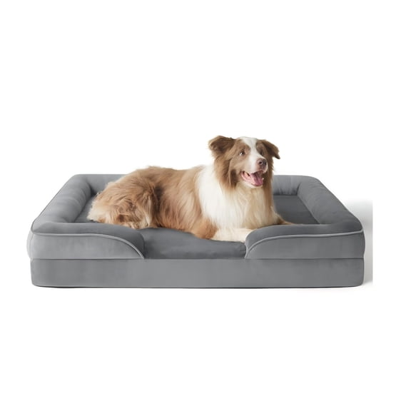 Gray Luxury Sofa-Style Pet Orthopedic Bed for Large and Medium Dogs  Removable Machine-Washable Plush Cover, 4-Sided Bolster, Non-Slip Bottom, Size 27.5"x23.6"x7" 