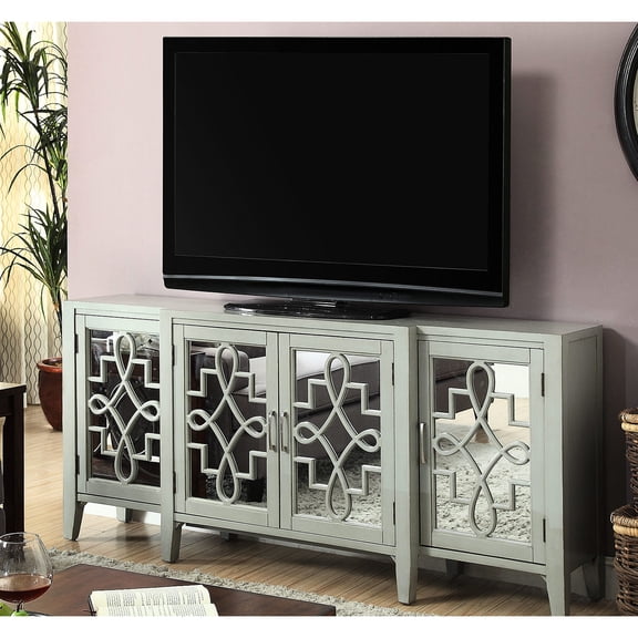 Gray MDF Ornamental 4-Door Cabinet | Versatile Use as TV Stand or Server | Durable Wood & Mirror Design | Addresses Lack of Storage Problem