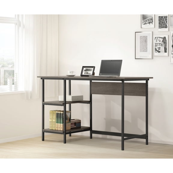 Gray MDF desk with open design and 2 storage shelves for space saving in shared offices