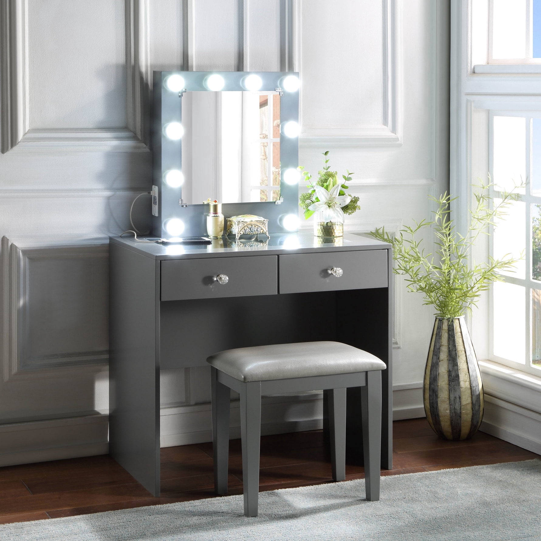 Gray Makeup Vanity Set with Drawers and Power | Bedroom Routine ...
