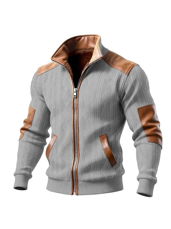 Gray Man Color Block Collared Neck Jackets Trench Outerwear for Mens Long Sleeve Thermal Fuzzy Cardigan Basic Fall Winter Jacket 2026 XXL