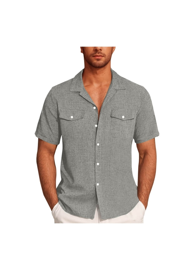 Gray Man Turtle Neck Faux Gauze Linen Tops Workout Gym Bowling Beach Lounge Blouses for Man Short Sleeve Hippy Vintage Hawaiian Fall Summer Shirts 2026 XXL