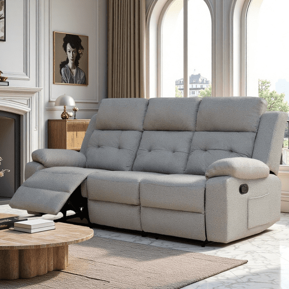 Gray Manual Reclining 3 Seater Sofa Couch for Living Room, Family Recliner Sofa with Independent Side Recline, Wide Seating, Ergonomic Support, Tool-Free Assembly, Home Theater & RV Furniture