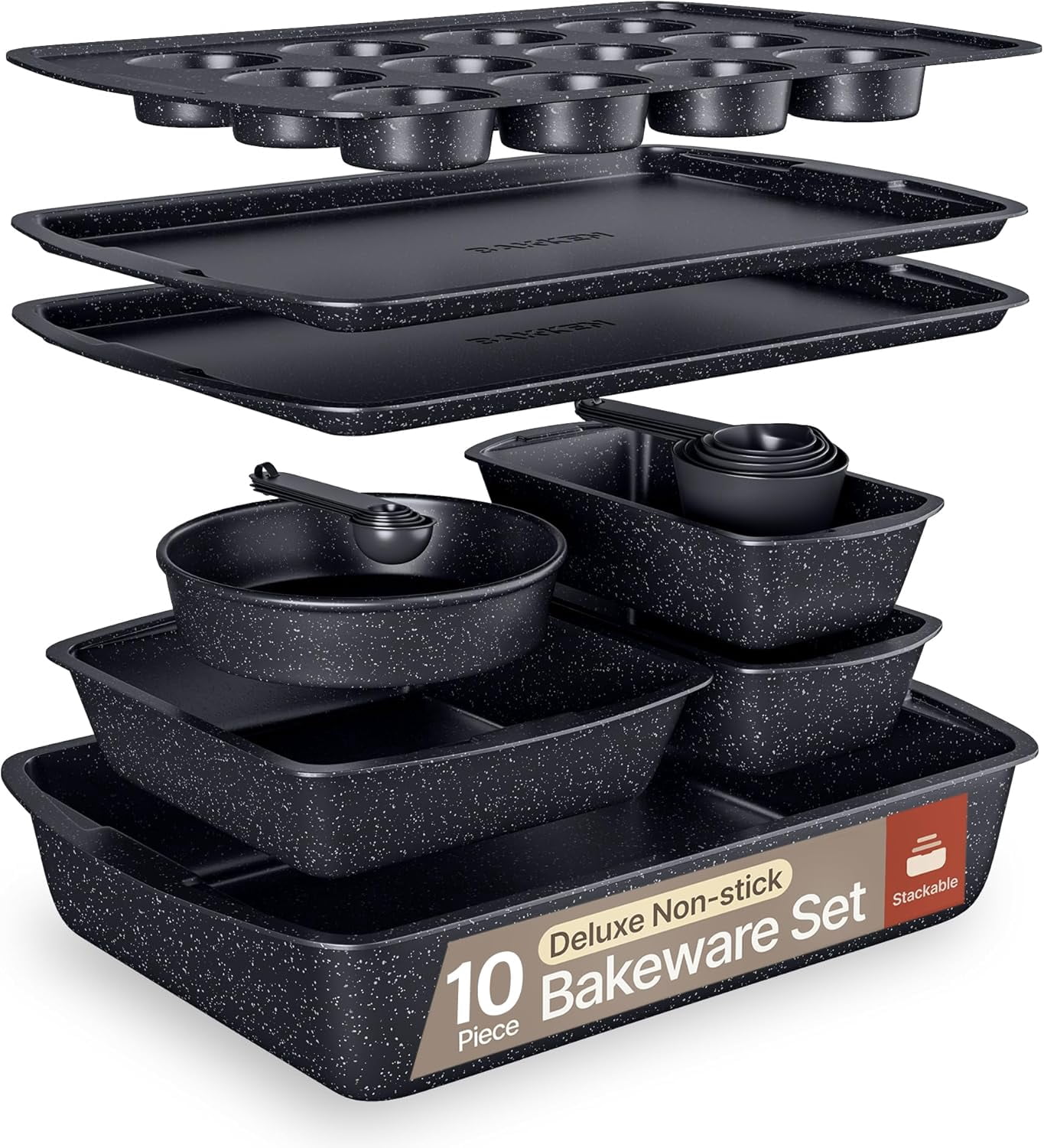 Bakken- Swiss 10-Piece Bakeware Sets, Nonstick Carbon Steel Baking Sheet & Pans, Stackable Space-Saving Bakeware, Stain-resistant, Oven Safe (up to 450°F), Gray Marble - Walmart.com