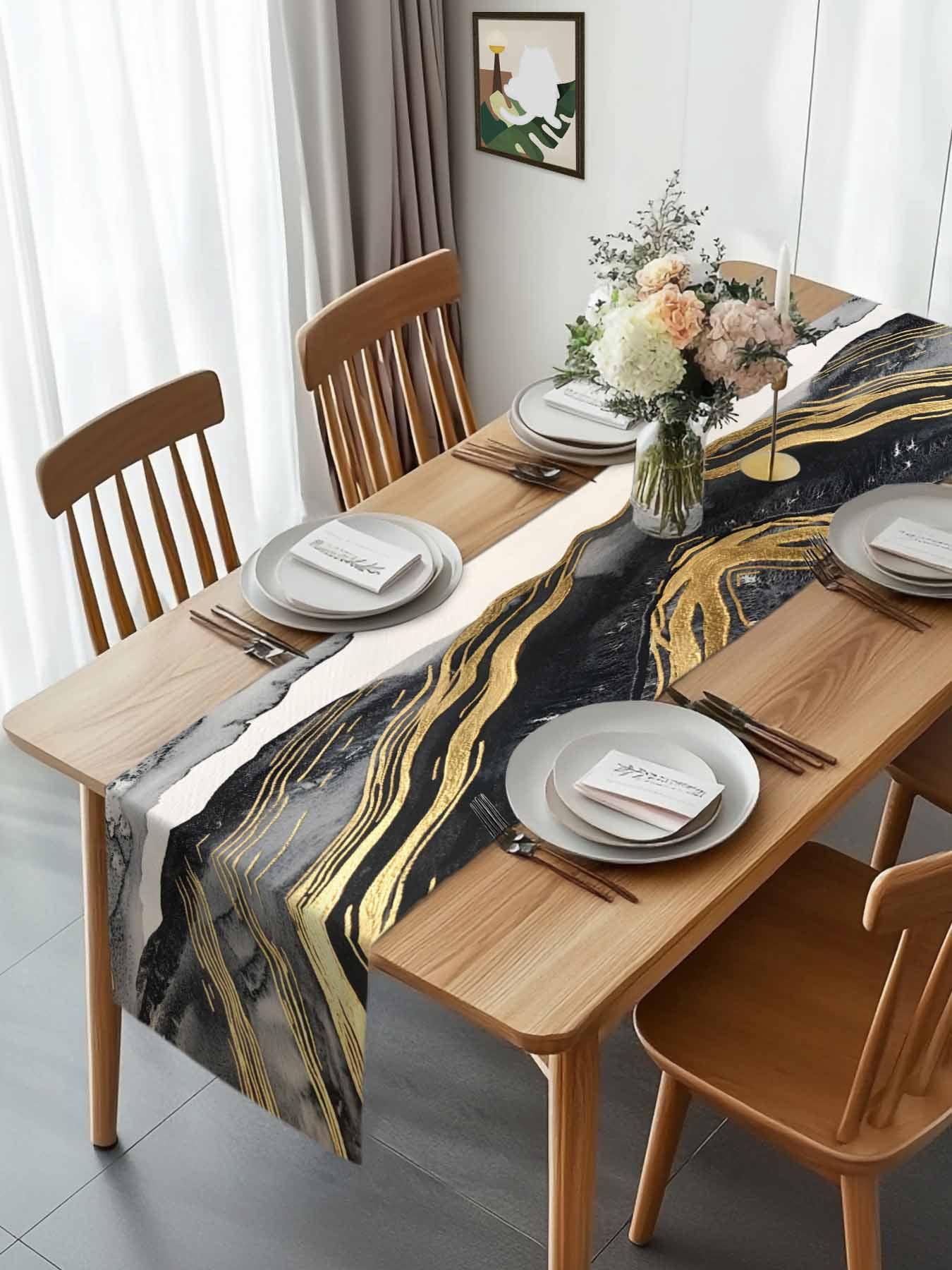 Gray Marble Abstract Stripe Table Runner 90 Inches Long, Gold Foil Modern Luxury Table Runners Tabletop Scarf Kitchen Dining Tables Decoration for Home Party Indoor Outdoor