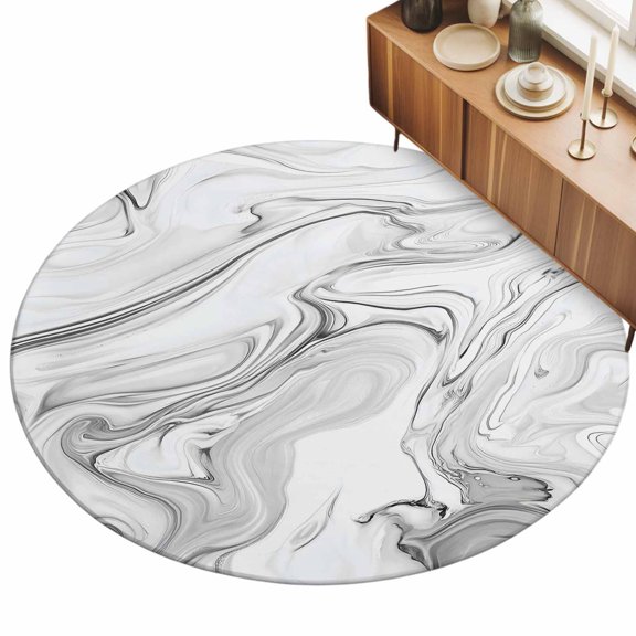 Gray Marble Area Rug, Abstract Stone Texture Swirls Ink Non-Slip Felt Rubber Backing Round Indoor Carpet Washable Rugs for Living Room Bedroom 3ft