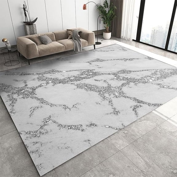 Gray Marble Area Rug, Light Luxury Silver Texture Non Slip Carpet, Low Pile Easy Machine Washable Rug For Living Room Bedroom Kitchen Dining Room Home Office Decor Floor Mat 3x4ft