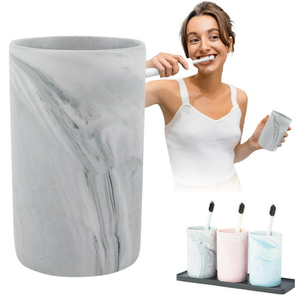 Gray Marble Ceramic Mug Set, 10oz Rinse Cup for Bathroom & Kitchen, Couples Toothbrush & Coffee Holder, Chip-Resistant Glaze, Modern Countertop Décor