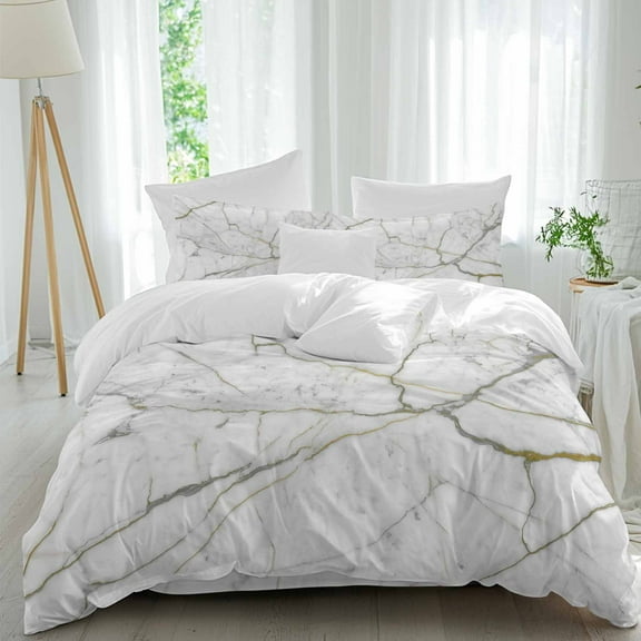 Gray Marble Comforter Set Queen Size, Abstract Modern Soft Bedding Set for Man Woman, 4 Pieces Duvet Cover Set with Fitted Sheet, 2 Pillowcases