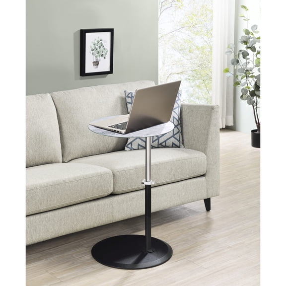Gray Marble Glass End Table, Height Adjustable to 26" / Enhances Living Room Aesthetics