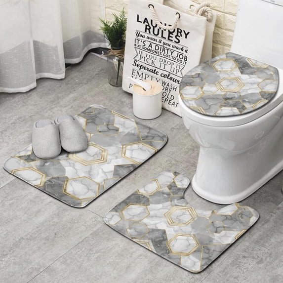 Gray Marble Gold Hexagon Pattern Bathroom Rugs Sets 3 Piece,Toilet Cover Set,Absorbent Non Slip Bathroom Mats Sets with U-Shaped Contour Rug Toilet Rug Set