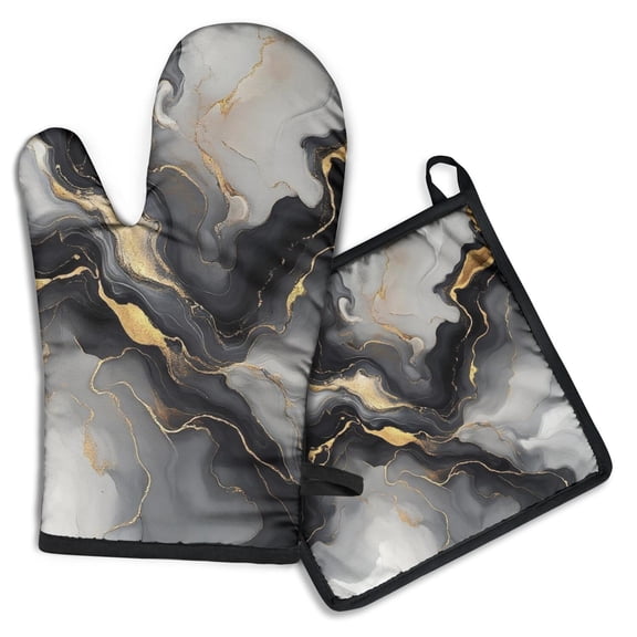 Gray Marble Gold Wave Pattern Kitchen Oven Mitt and Pot Holder Sets 2 Pcs for Baking, Cooking and Grilling, Heat Resistant Up To 392 °F