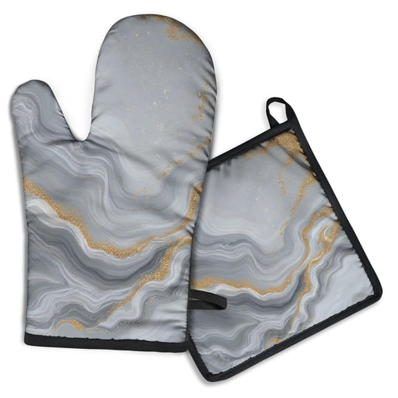 Gray Marble Gold Wave Pattern Kitchen Oven Mitt and Pot Holder Sets 2 Pcs for Baking, Cooking and Grilling, Heat Resistant Up To 392 °F