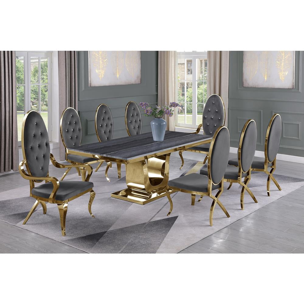 Gray Marble Mixed Dining Set with Gold Stainless Steel and Gray Velvet ...
