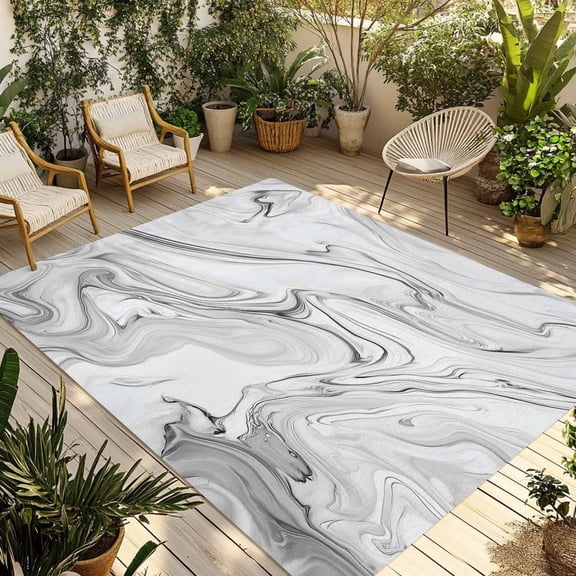 Gray Marble Outdoor Rug, Abstract Stone Texture Swirls Ink Non-Slip Area Rugs Carpet Breathable Large Floor Mat for Outdoors Patio Porch Deck Beach 3’ x 5’