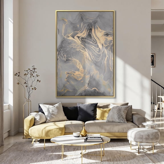 Gray Marble Poster: Abstract Gold Veins Fluid Art, Unframed Canvas Size 12x18