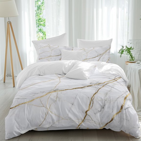 Gray Marble Queen Duvet Cover Set, Gold Lines 4 Piece Microfiber Bedding Set with Zipper Closure, Bed Sheet and 2 Pillow Shams, Soft Bedding Cover