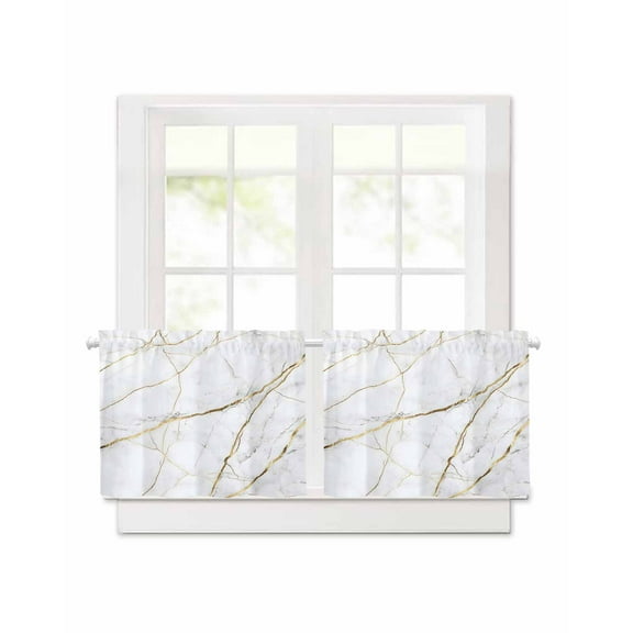 Gray Marble Short Blackout Curtains 24 Inch Long Gold Lines Abstract Crack Modern Art Rod Pocket Kitchen Curtains, 2 Panels Thermal Insulated Room Darkening Drapes for Bedroom, 30"W x 24"L