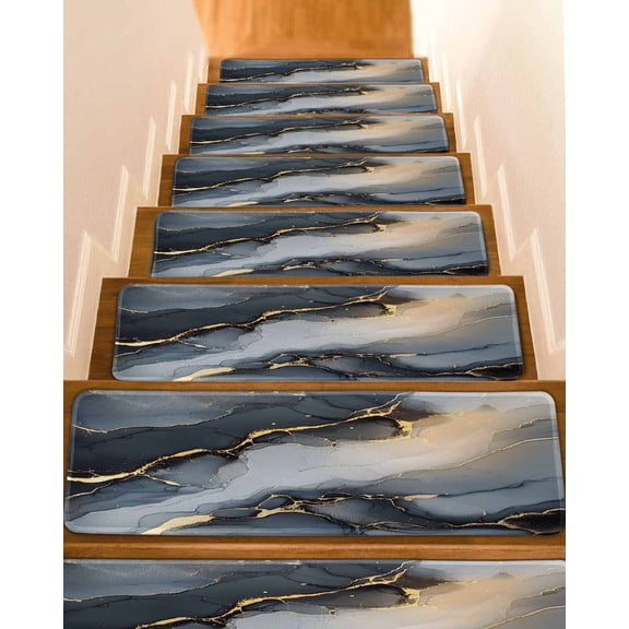 Gray Marble Stair Treads for Wooden Steps Indoor Runner Rug Carpet, Abstract Modern Ink Painting Ombre 15 Pieces Peel and Stick Staircase Step Treads Covers Washable Throw Door Mats, 30"x8"