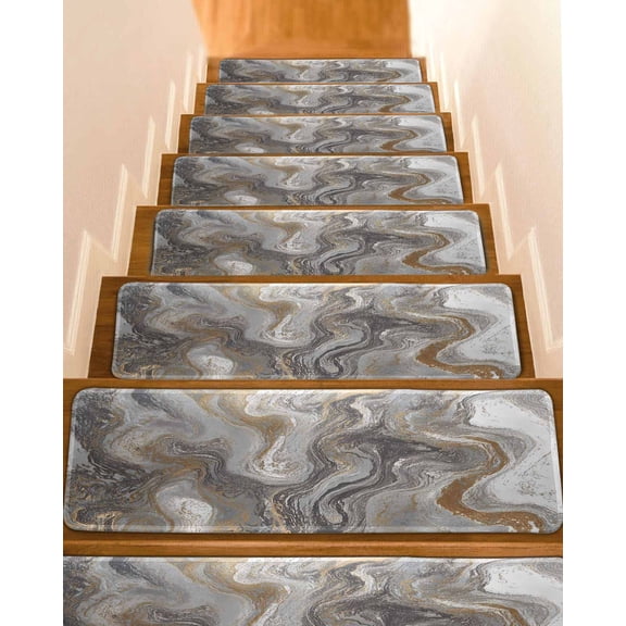 Gray Marble Stair Treads for Wooden Steps Indoor Runner Rug Carpet, Farmhouse Vintage Abstract Ombre Texture 7 Pieces Peel and Stick Staircase Step Treads Covers Washable Throw Door Mats, 30"x8"