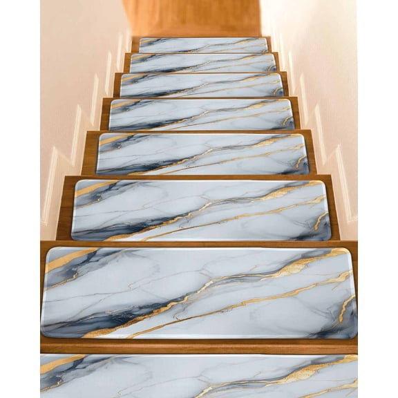 Gray Marble Stair Treads for Wooden Steps Indoor Runner Rug Carpet, Modern Ink Painting Art Abstract 7 Pieces Peel and Stick Staircase Step Treads Covers Washable Throw Door Mats, 30"x8"