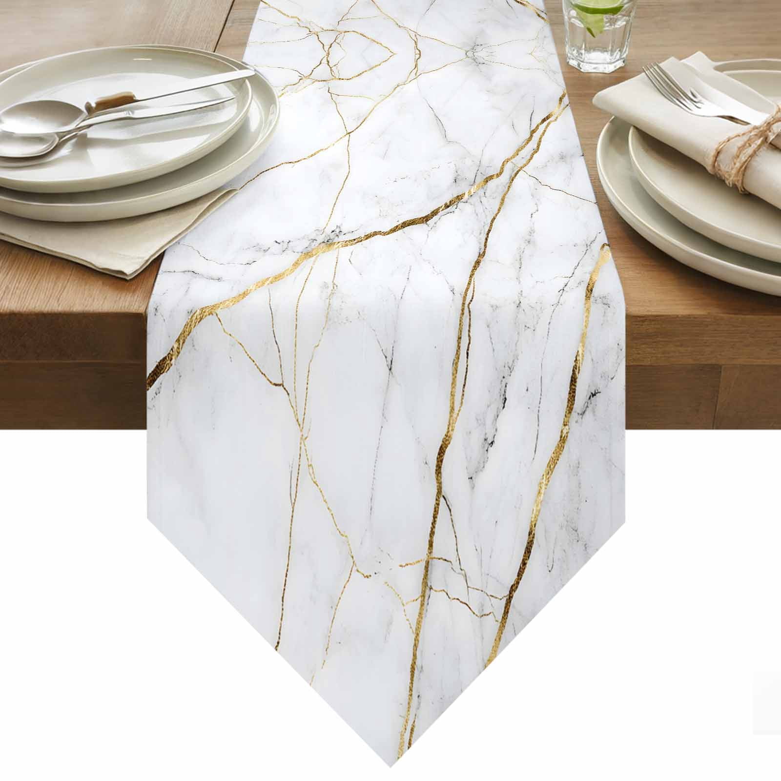 Gray Marble Table Runner 120 Inches Long Gold Lines Abstract Crack Modern Art Table Runners for Dining Room Tabletop Dresser Scarf Home Party Banquet Wedding Holiday Decoration