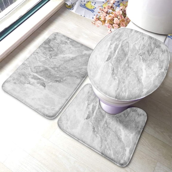 Gray Marble Texture 3 Pieces Bathroom Rug Set Modern Abstract Style Non-Slip Bath Mats U-Shaped Contour Rug Floor Mat