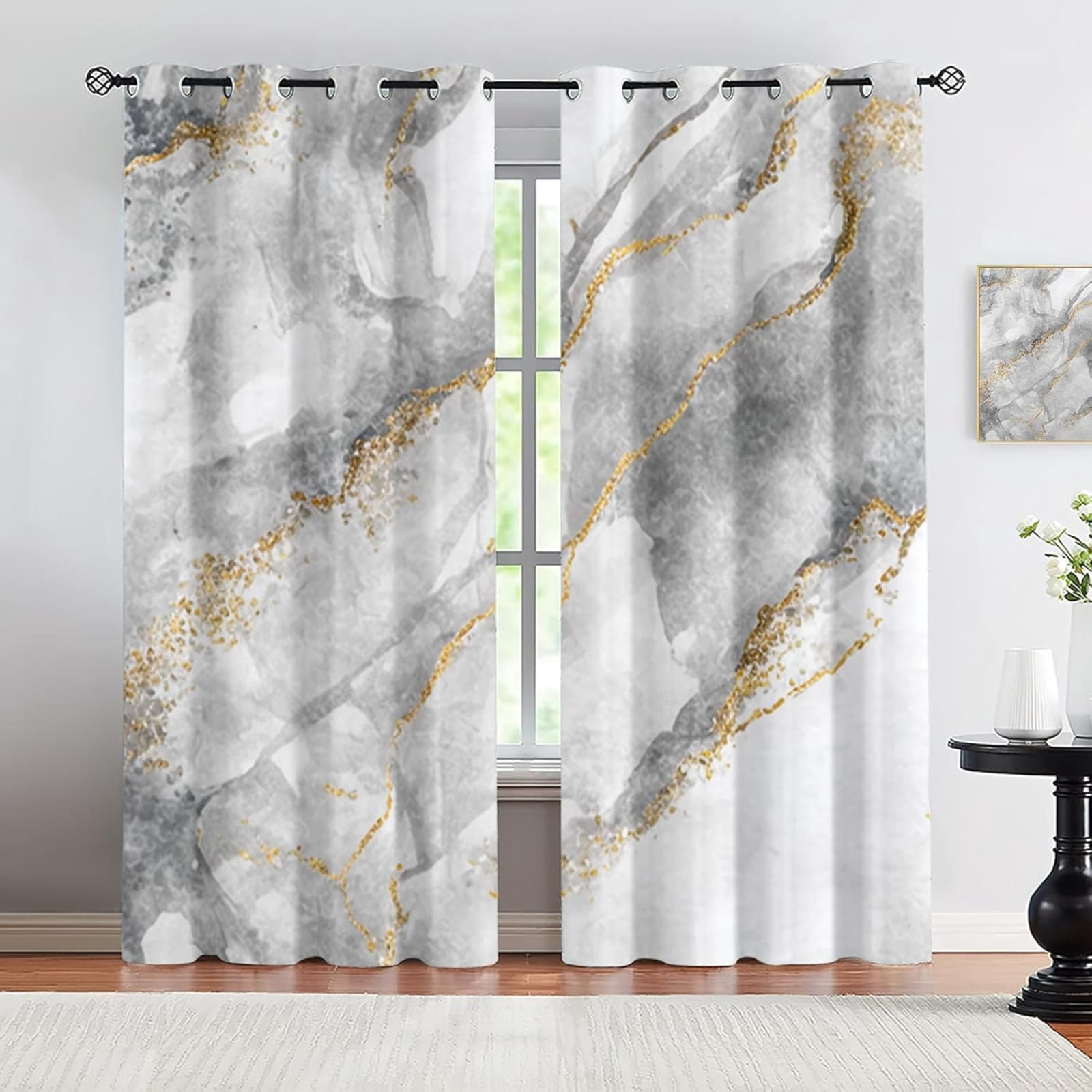 Gray Marble Texture Blackout Curtains, Abstract Gold Leaf Art Print Curtains, Thermal Room Darkening Grommet Window Drapes For Boys Girls Bedroom Living Room 42"W x 84"L (Pack of 2)