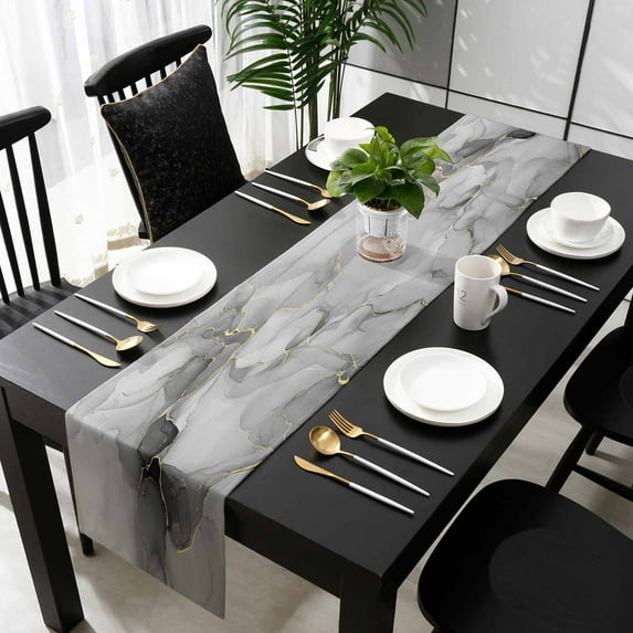 Gray Marble Texture Cotton Linen Table Runner 13 x 72 inch Vintage Greyish Golden Texture Non-slip Rectangular Dining Table Decor for Wedding Party Holiday Dinner